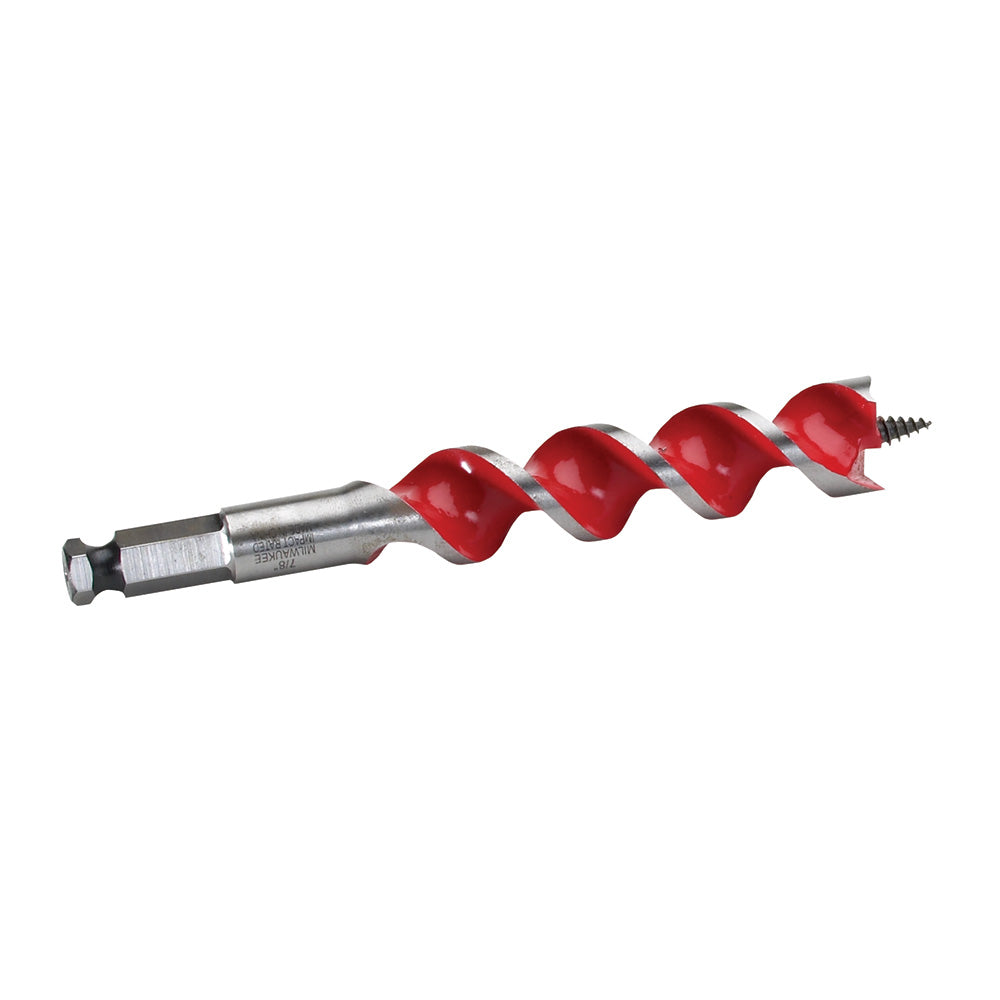 Milwaukee auger bit with metal shaft, red spiral flutes, and pointed tip for wood drilling.