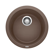 Round cafe brown undermount sink with single basin and chrome drain strainer, viewed from above.