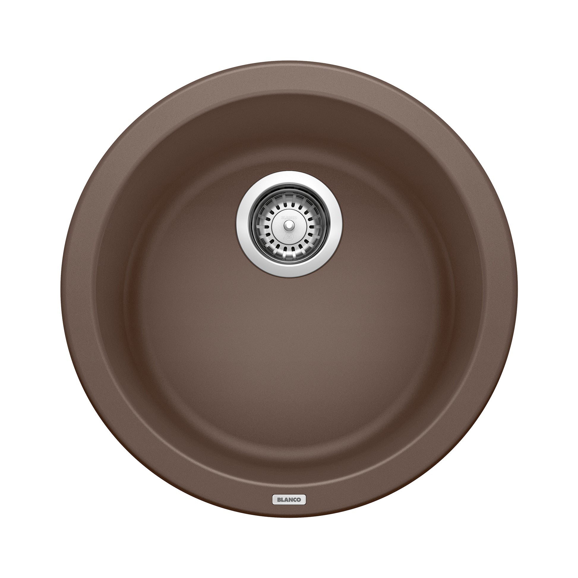 Round cafe brown undermount sink with single basin and chrome drain strainer, viewed from above.