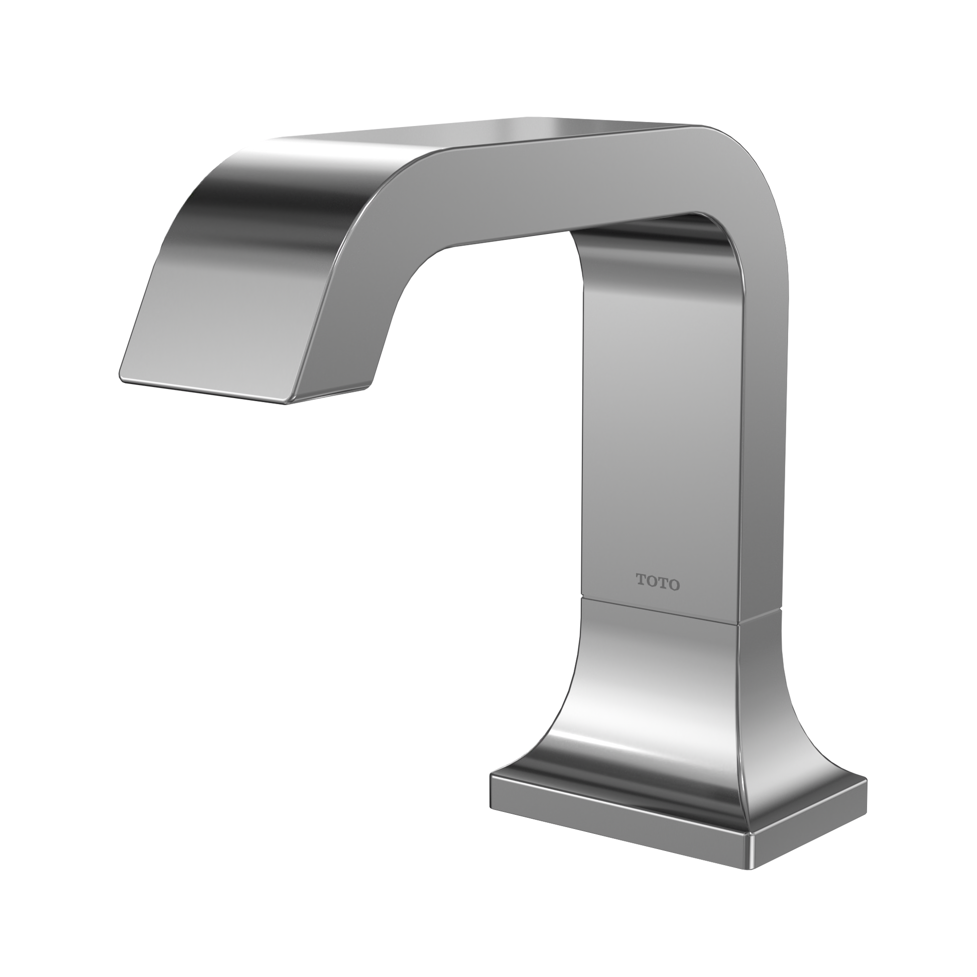 Polished chrome touchless bathroom faucet with curved spout and rectangular base.