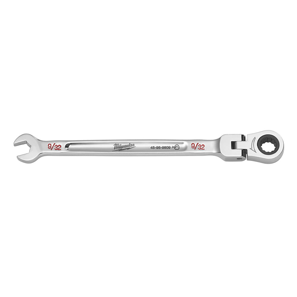 Milwaukee 9/32" flex head combination wrench with open end and ratcheting socket end in polished chrome.