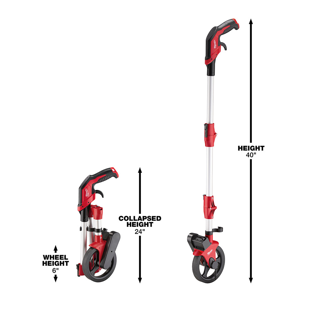 Milwaukee measuring wheel with 6-inch diameter wheel, red and black handle, shown in collapsed and extended positions.
