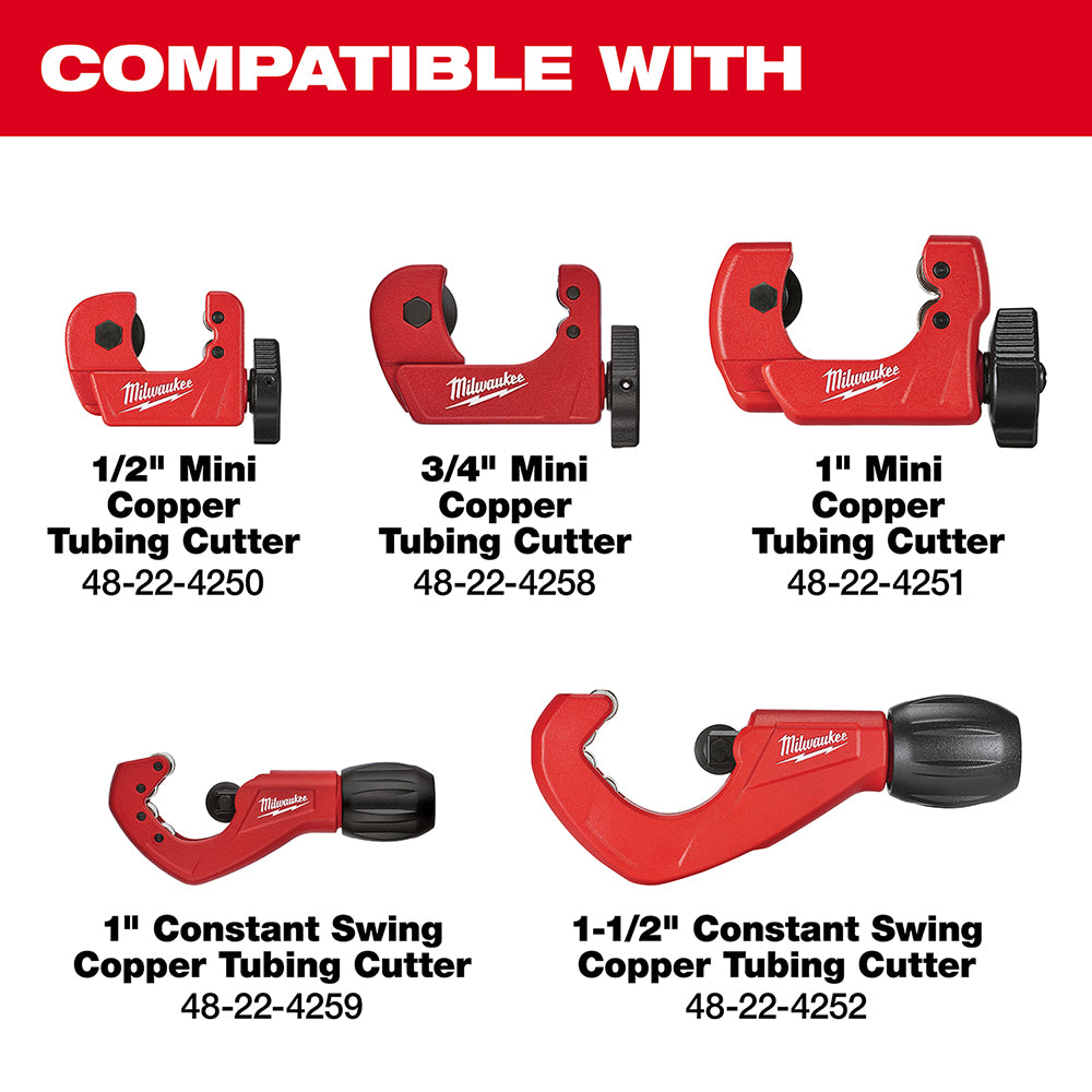 Two red metal cutter wheels with center holes for Milwaukee tubing cutters.