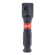 Black and gray Milwaukee impact socket adapter with red brand band and hexagonal socket ends.