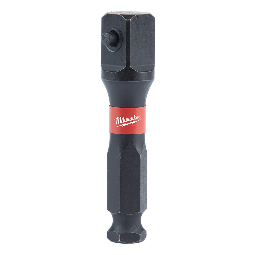 Black and gray Milwaukee impact socket adapter with red brand band and hexagonal socket ends.