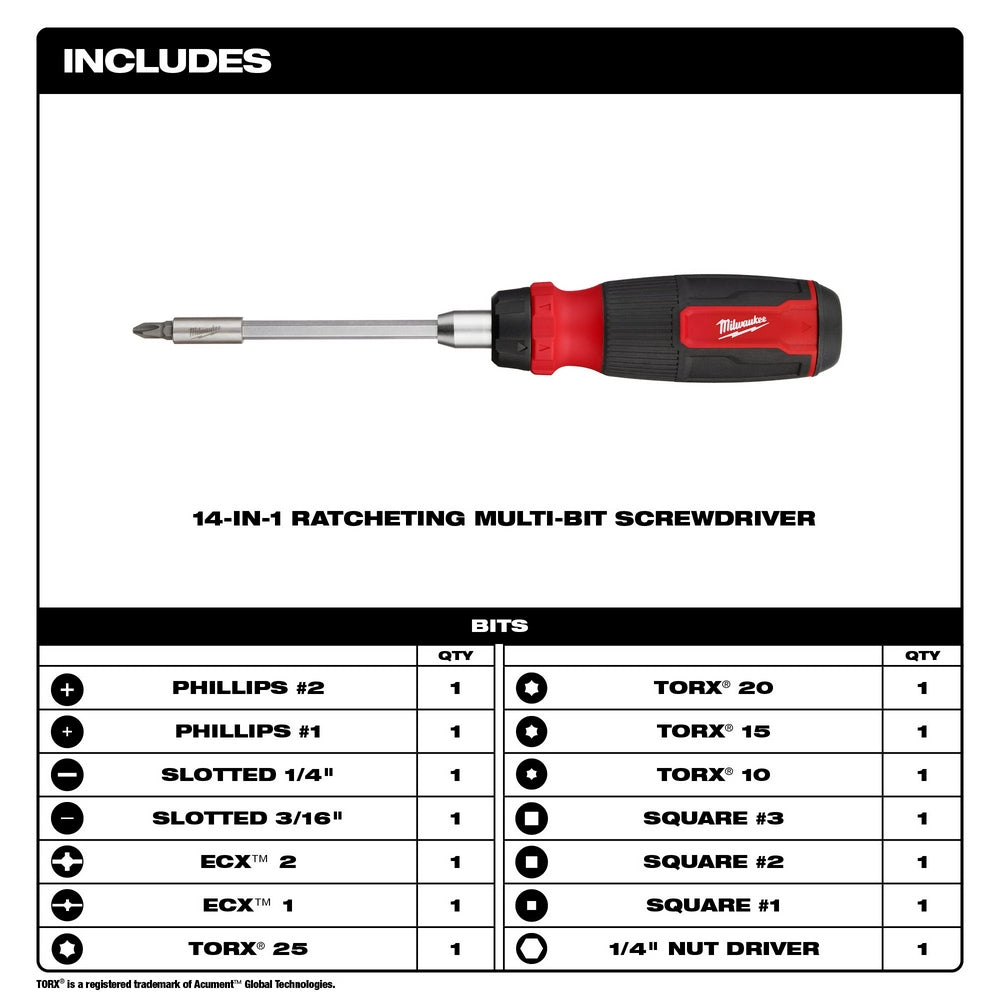 Red and black Milwaukee ratcheting screwdriver with extended shaft and interchangeable bit head displayed above included bits