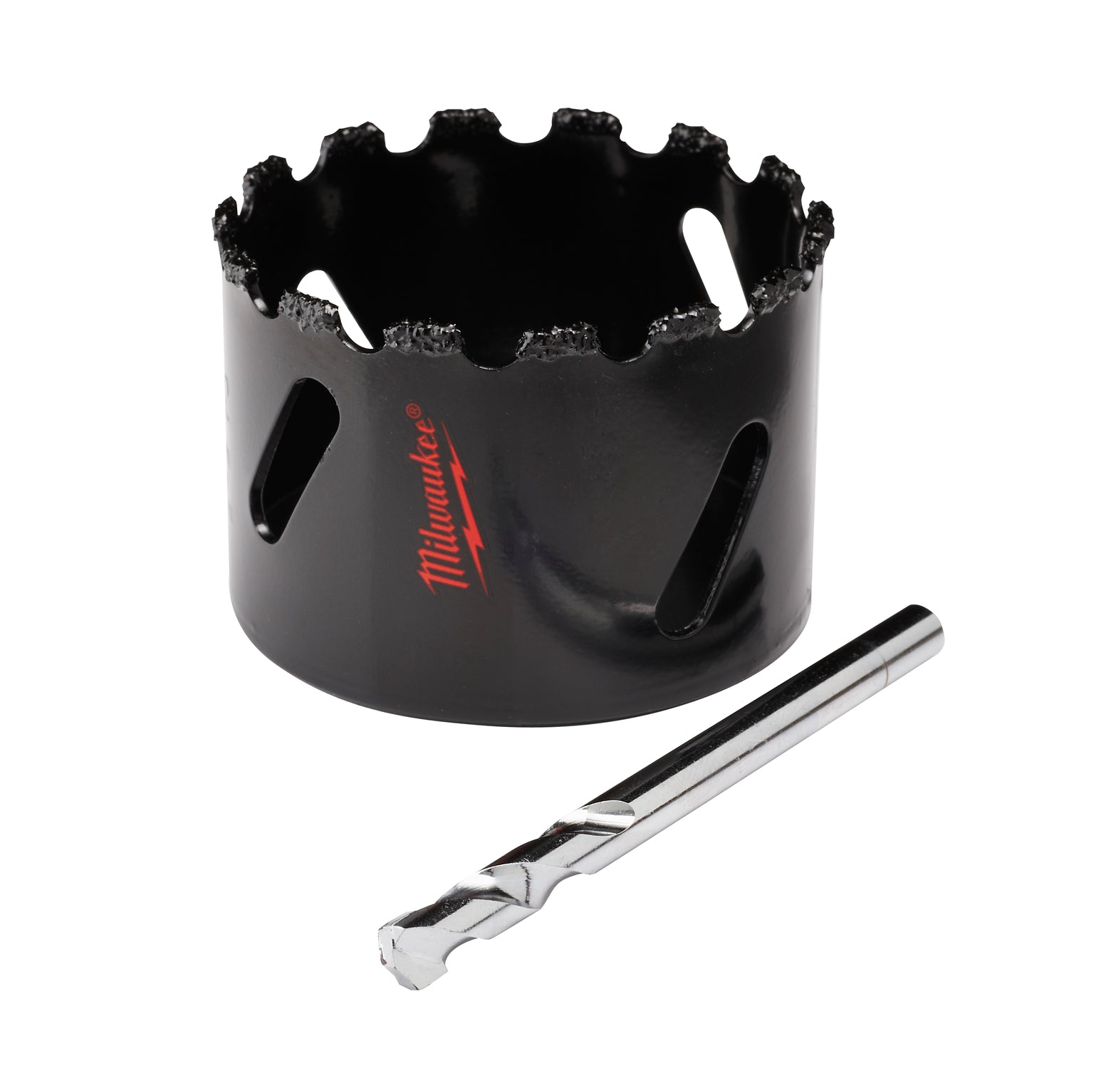 Black carbide grit hole saw with jagged cutting edge, Milwaukee branding, and included pilot drill bit.