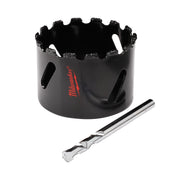 Black carbide grit hole saw with jagged cutting edge, Milwaukee branding, and included pilot drill bit.