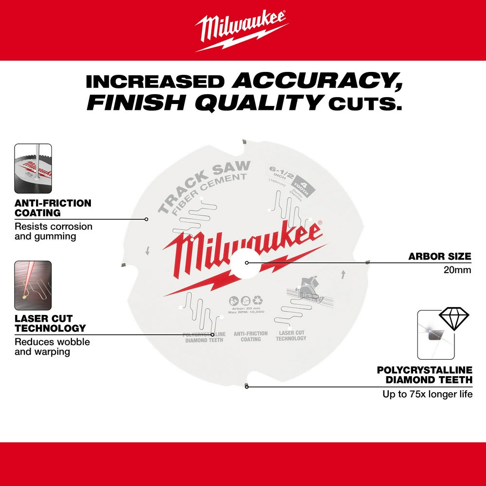 Milwaukee 6-1/2" fiber cement track saw blade with polycrystalline diamond teeth and 20mm arbor size.