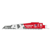 Milwaukee The Ax carbide teeth SAWZALL blade with serrated edge and red and gray label marking.