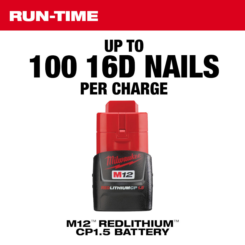 Milwaukee M12 Redlithium CP1.5 cordless battery with red housing and black grip.