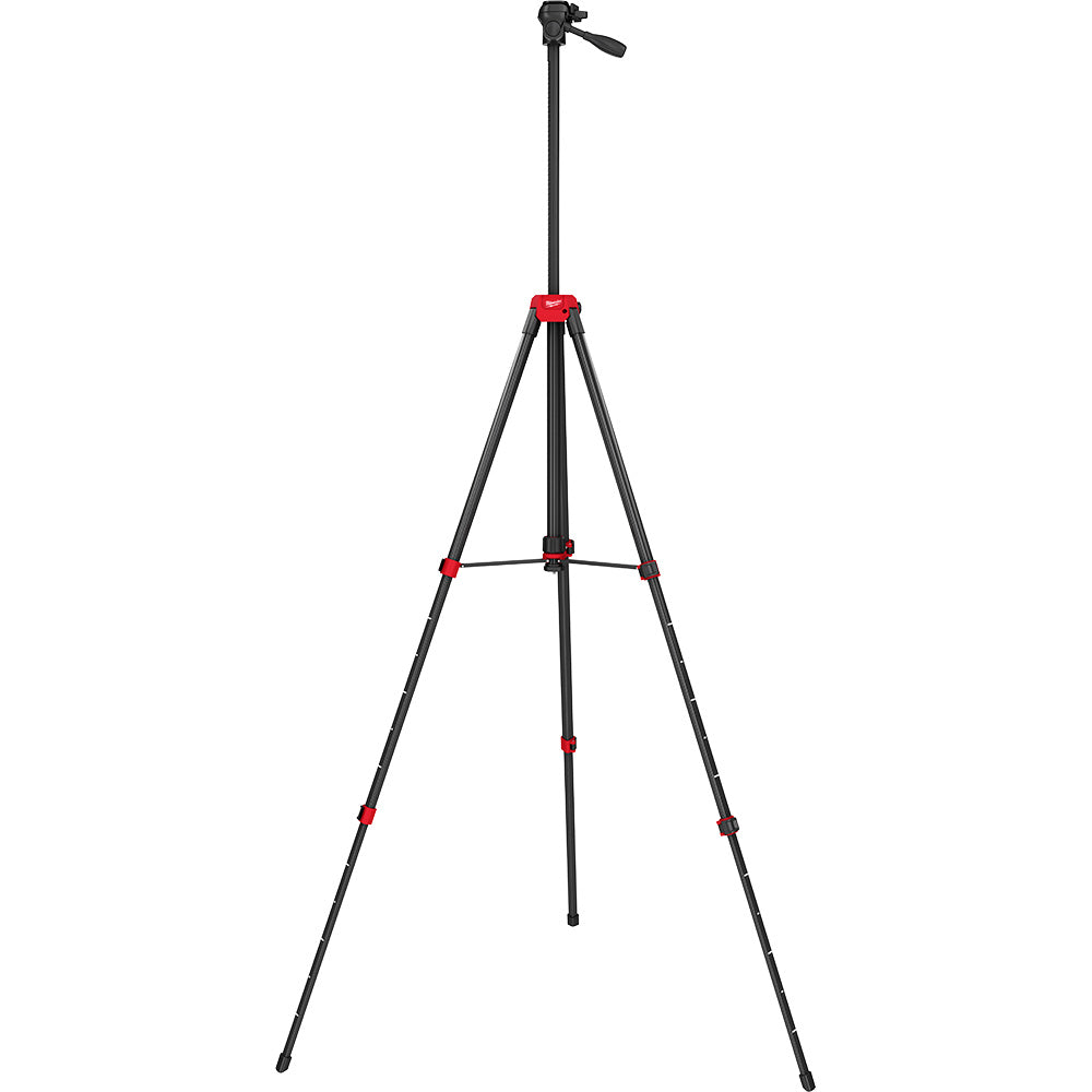 Black tripod with red adjustment knobs and panhead mount for laser level mounting.