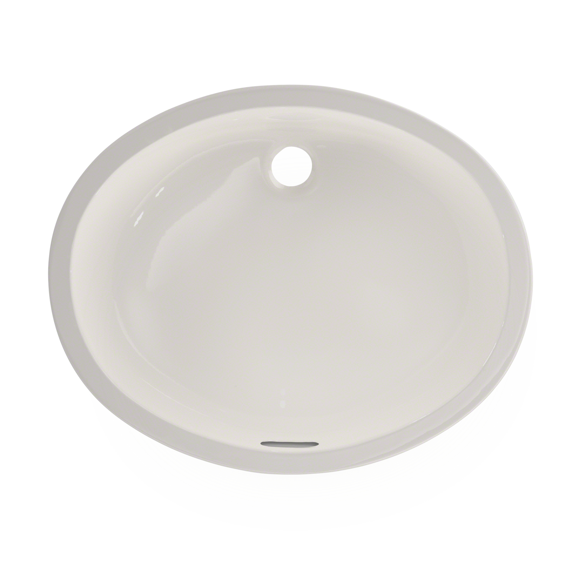 White oval undermount bathroom sink with single faucet hole, viewed from above.