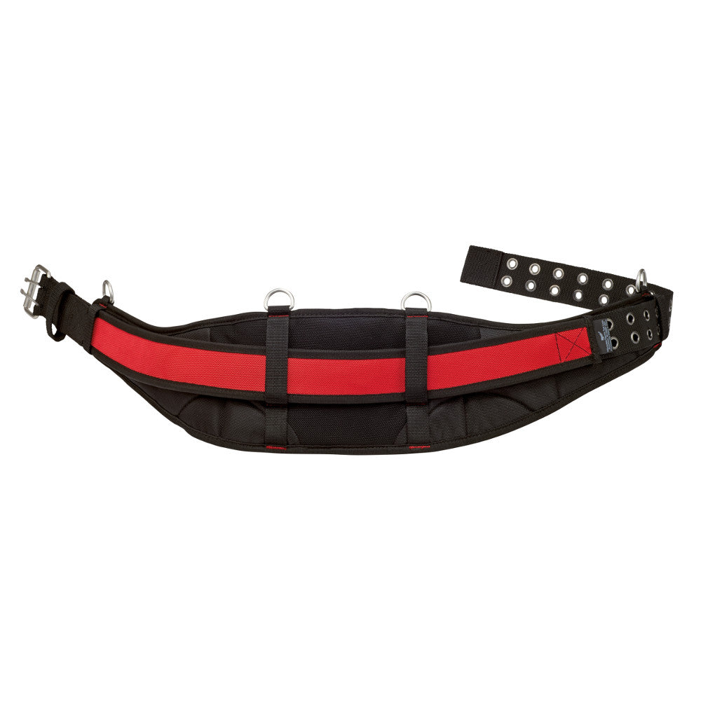 Black and red padded work belt with metal buckle, D-rings, and studded sections for tool attachment.