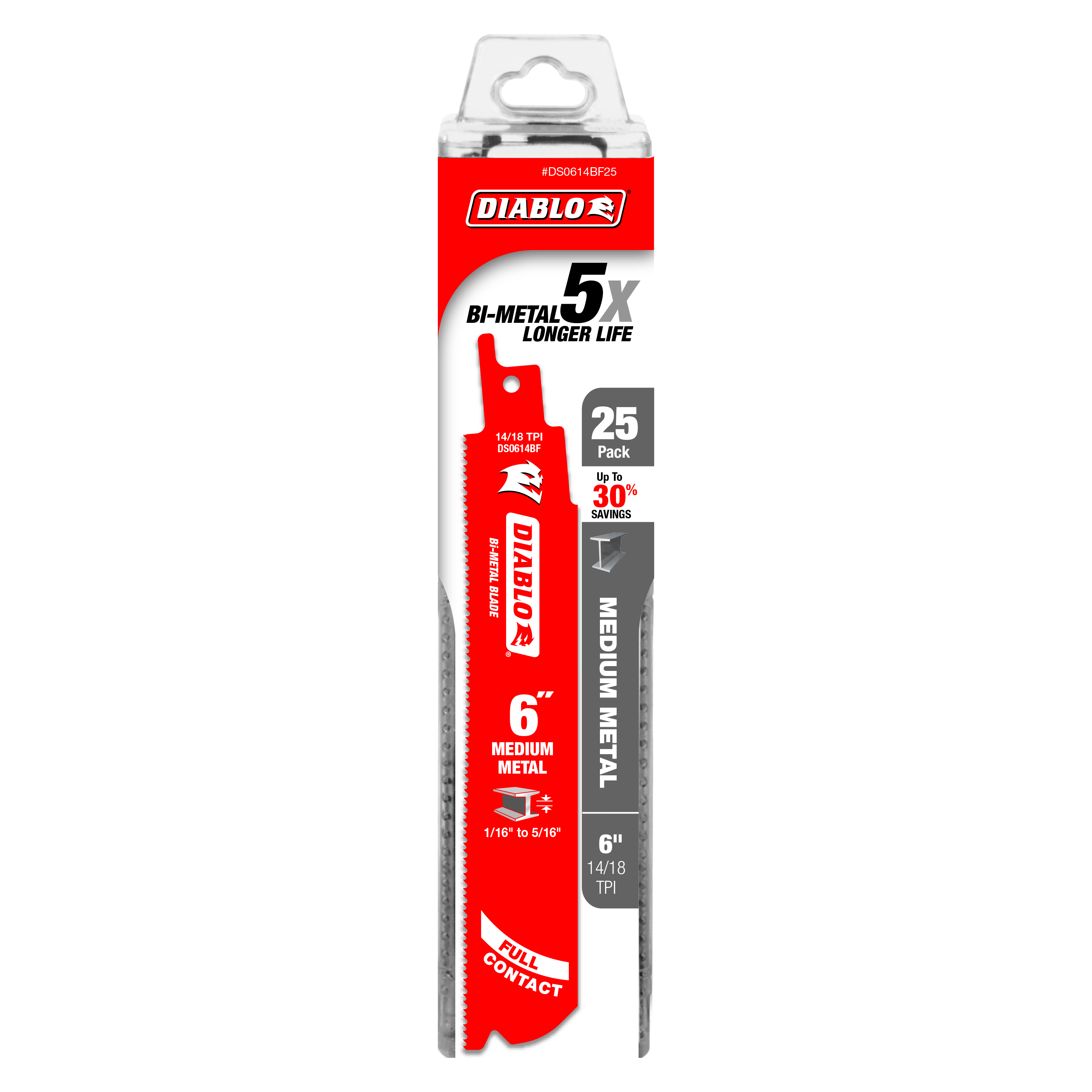 Diablo 6-inch bi-metal reciprocating saw blade with serrated edge in red and gray packaging, 25-pack.
