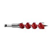 Milwaukee auger bit with 1 inch diameter and red spiral flutes on gray steel shaft with hex shank.