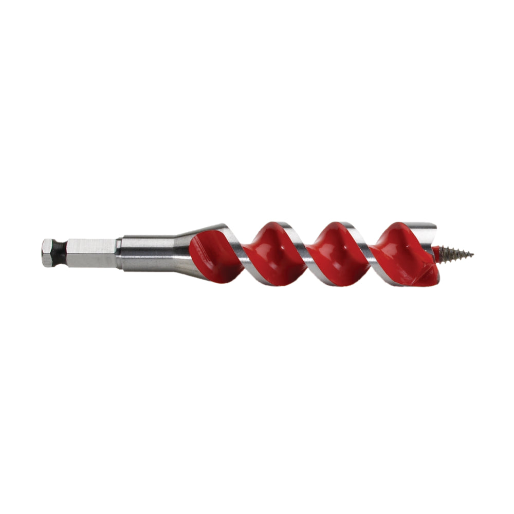 Milwaukee auger bit with 1 inch diameter and red spiral flutes on gray steel shaft with hex shank.