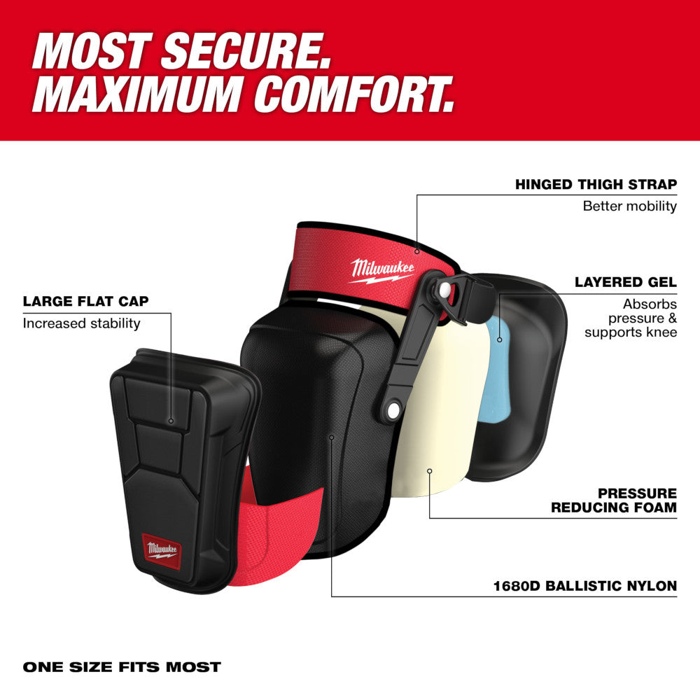 Black and red knee pads with large flat cap, layered gel padding, and hinged thigh strap for stabilization.