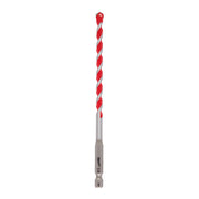 Red and gray carbide hammer drill bit with spiral flutes and hex shank.