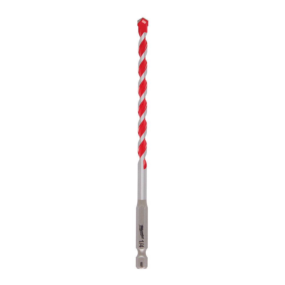 Red and gray carbide hammer drill bit with spiral flutes and hex shank.