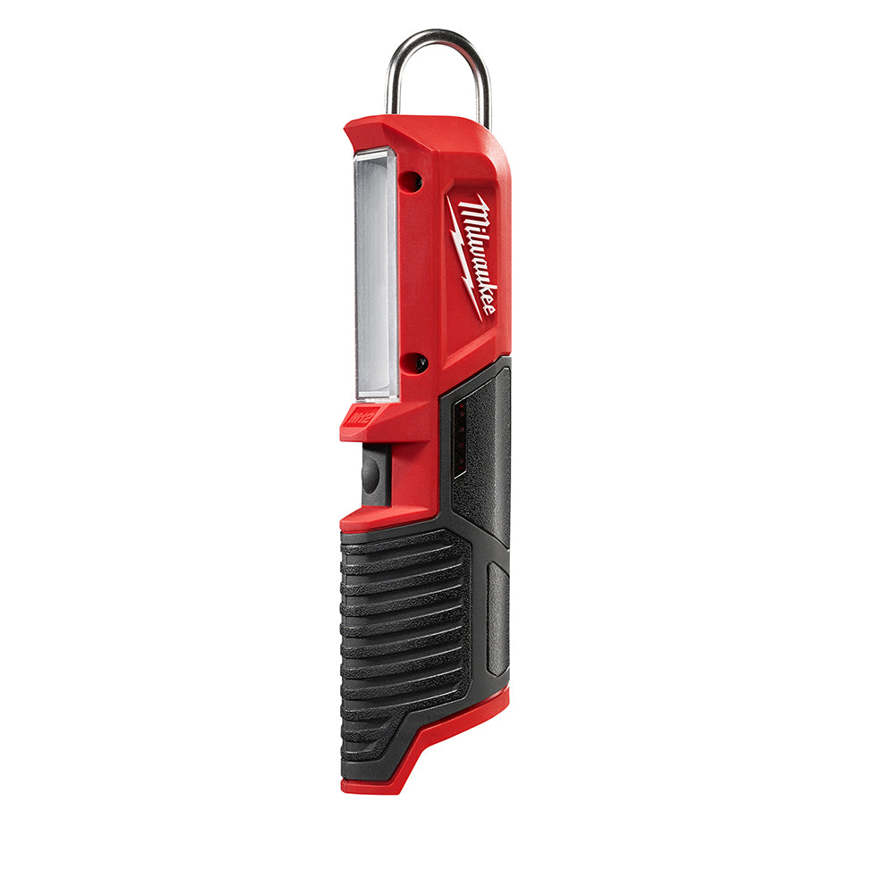 Red and black Milwaukee M12 LED stick light with metal hanging hook and vertical light panel.