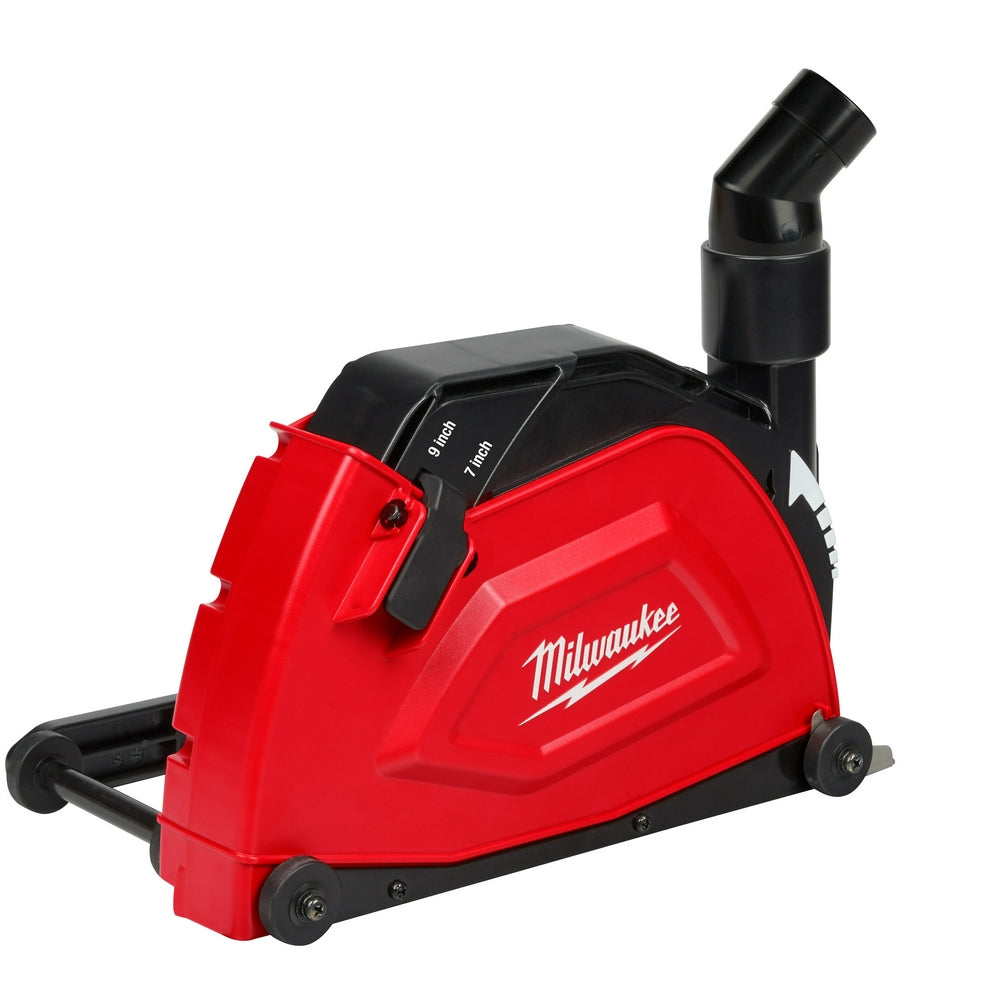 Red and black Milwaukee angle grinder cutting shroud with adjustable dust collection hose and wheel size indicators.