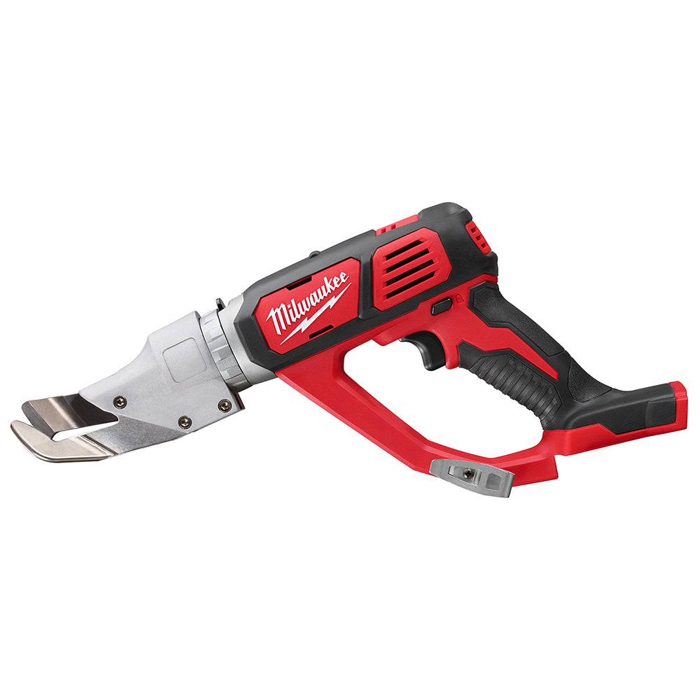 Milwaukee cordless sheet metal shear with red and black body, metal cutting head, and black grip handle.