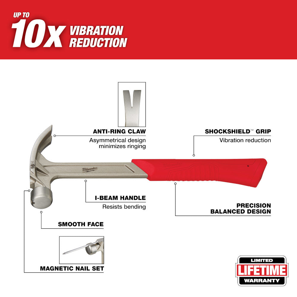 Milwaukee 16oz claw hammer with smooth face, red ShockShield grip, I-beam handle, and anti-ring claw design.