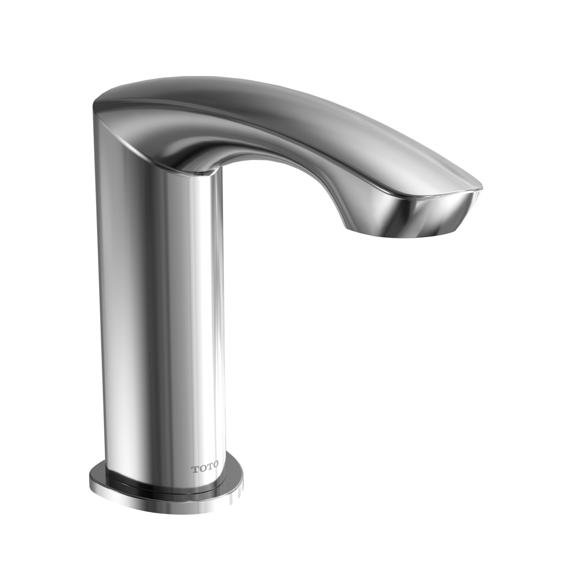 Polished chrome touchless bathroom faucet with curved spout and tall cylindrical body.