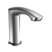 Polished chrome touchless bathroom faucet with curved spout and cylindrical base.