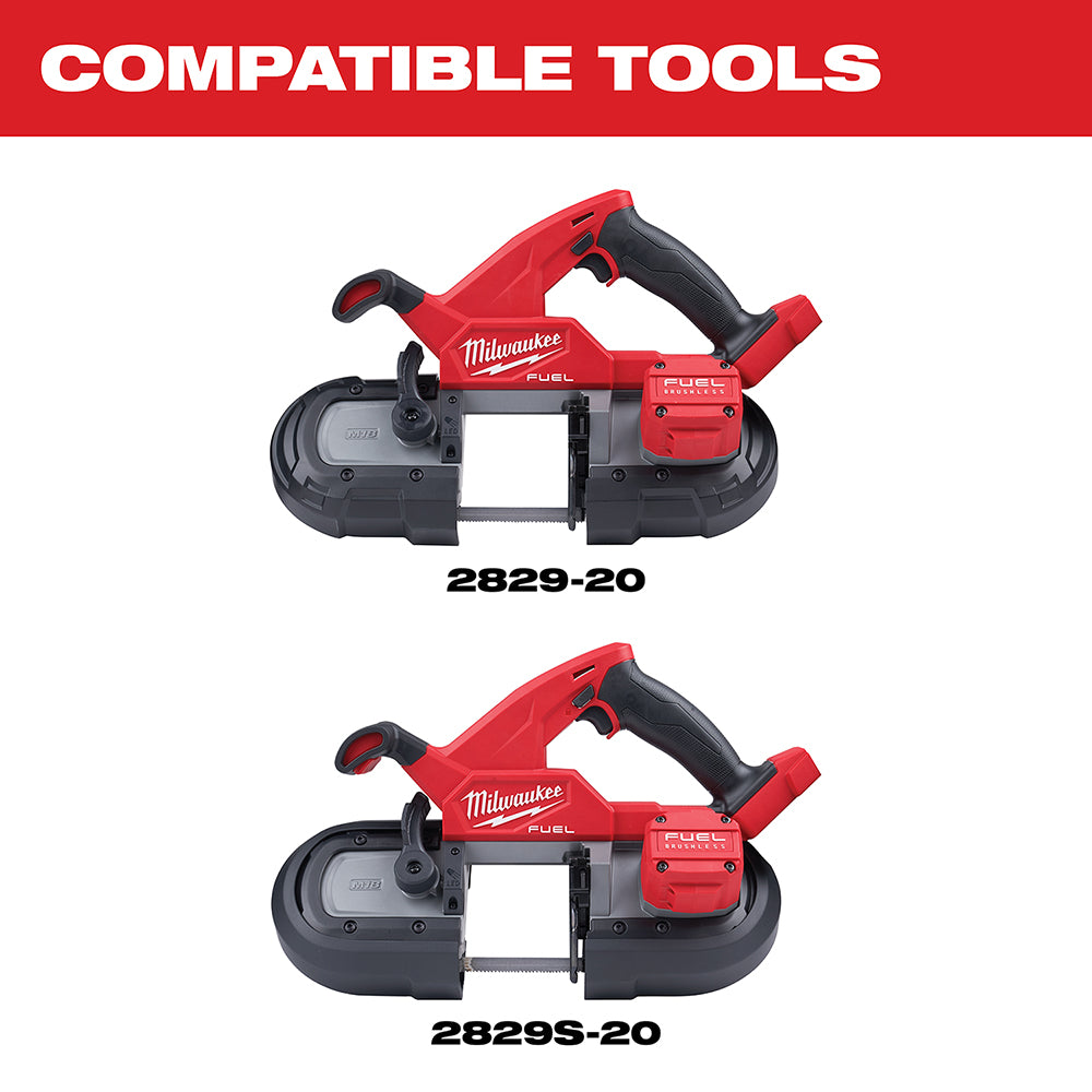 Milwaukee FUEL compact band saws with red and black bodies, showing compatible tool models 2829-20 and 2829S-20.