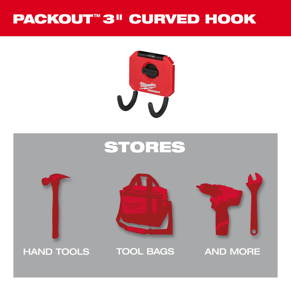 Red PACKOUT curved hook with dual black hooks attached to red mounting plate.