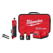 Milwaukee M12 FUEL straight die grinder kit with two batteries, charger, accessories, and red carry bag.