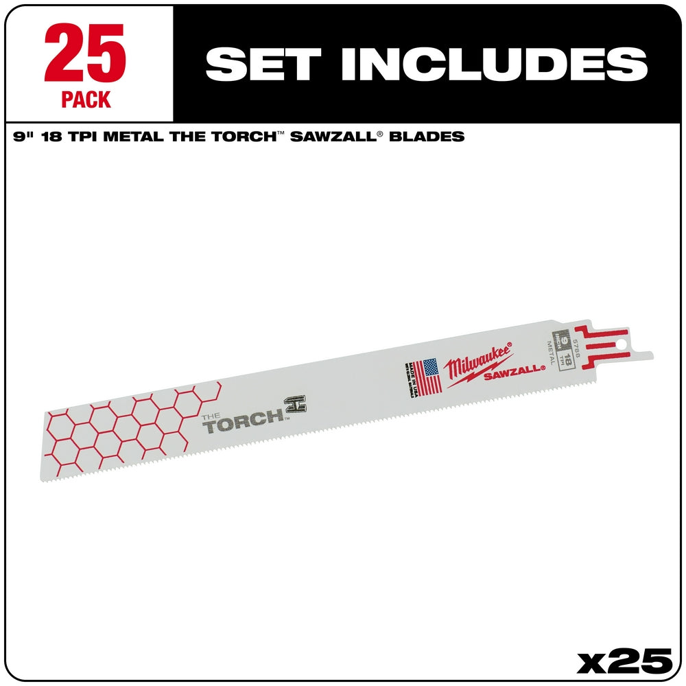Milwaukee 9-inch 18 TPI The Torch Sawzall blade with red and white design and mounting end shown.