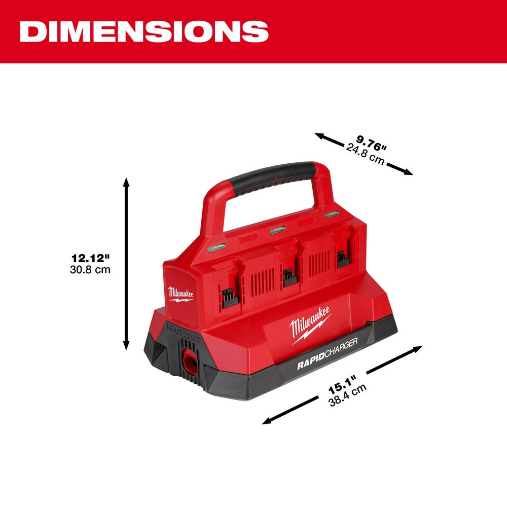 Red and black Milwaukee PACKOUT rapid charger with six charging bays and carry handle, dimensions shown.