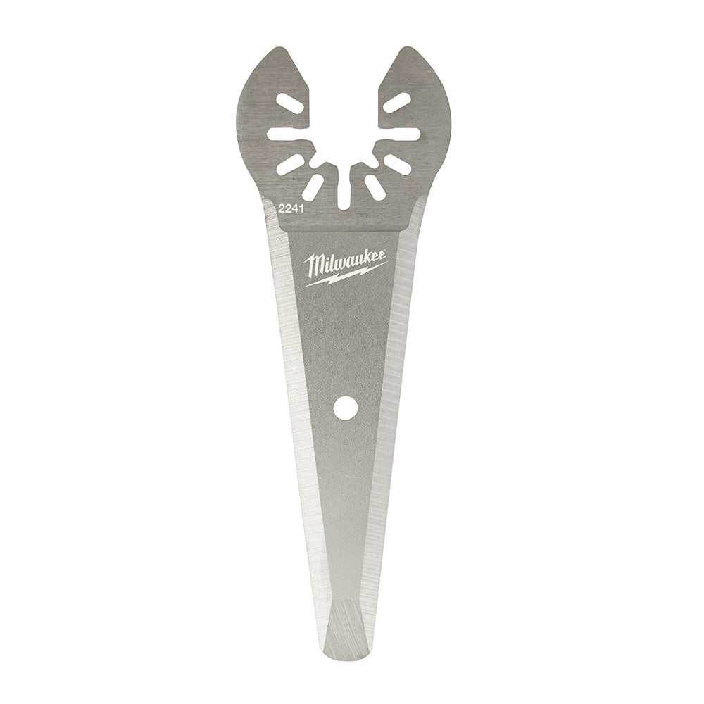 Milwaukee OPEN-LOK tapered sealant cutting blade with dual curved cutting edges and mounting hole.