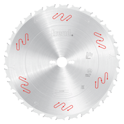 Circular silver saw blade with carbide-tipped teeth, central mounting hole, and Freud branding visible on metallic surface.