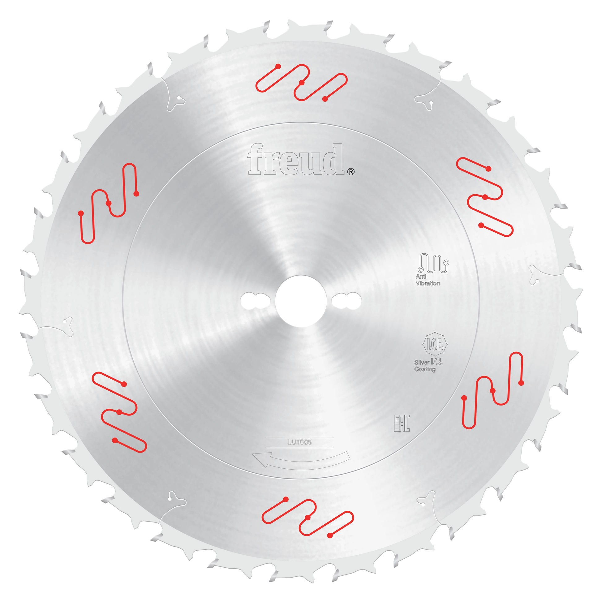 Circular silver saw blade with carbide-tipped teeth, central mounting hole, and Freud branding visible on metallic surface.