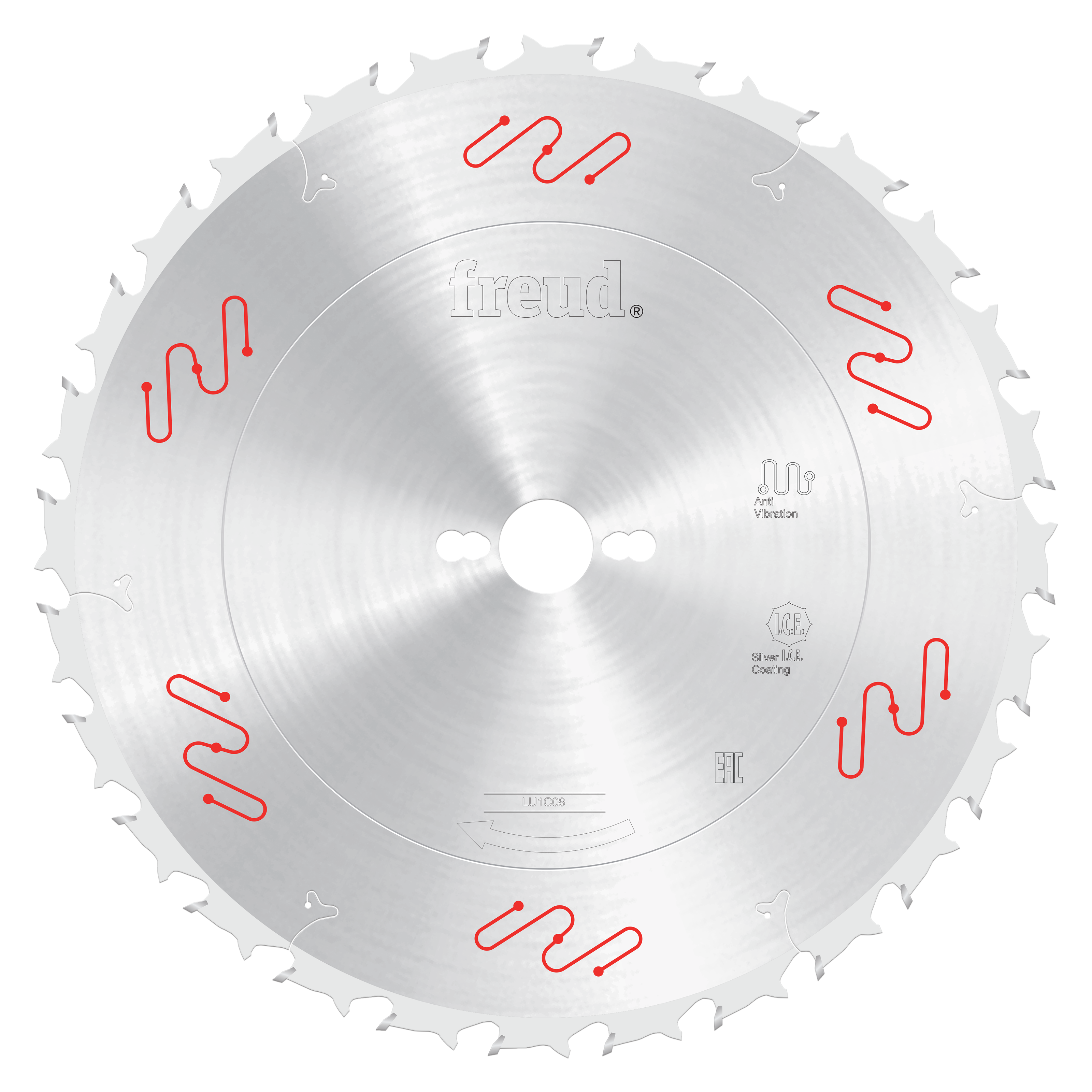 Circular silver saw blade with carbide-tipped teeth, central mounting hole, and Freud branding visible on metallic surface.