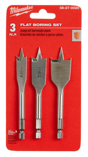 Three metal flat boring bits with different widths mounted on a red Milwaukee packaging card.