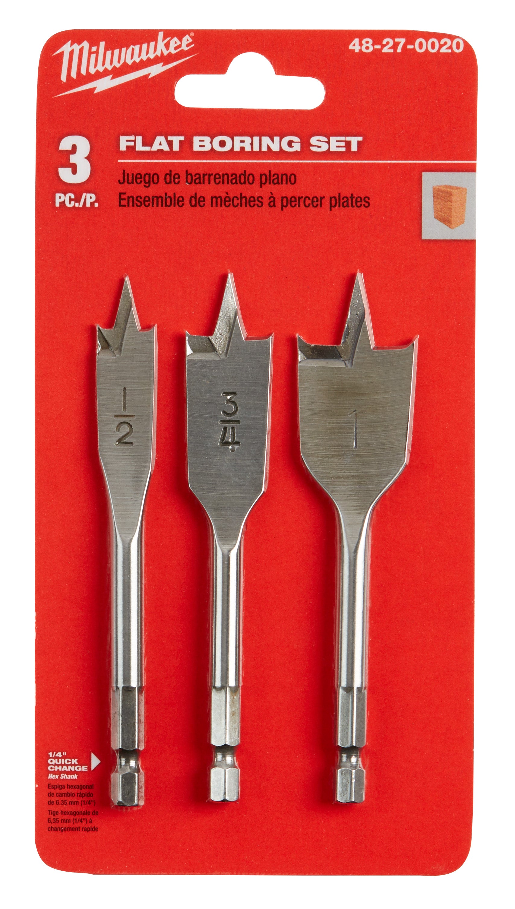 Three metal flat boring bits with different widths mounted on a red Milwaukee packaging card.