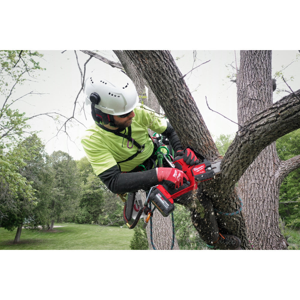 Milwaukee 8" pruning saw chain with cutting teeth displayed on red and black power tool held by worker in safety gear.