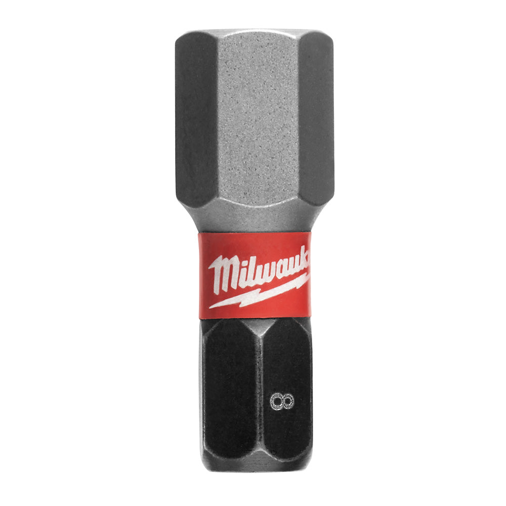 Gray and black hex insert bit with red Milwaukee band and white logo on shaft.