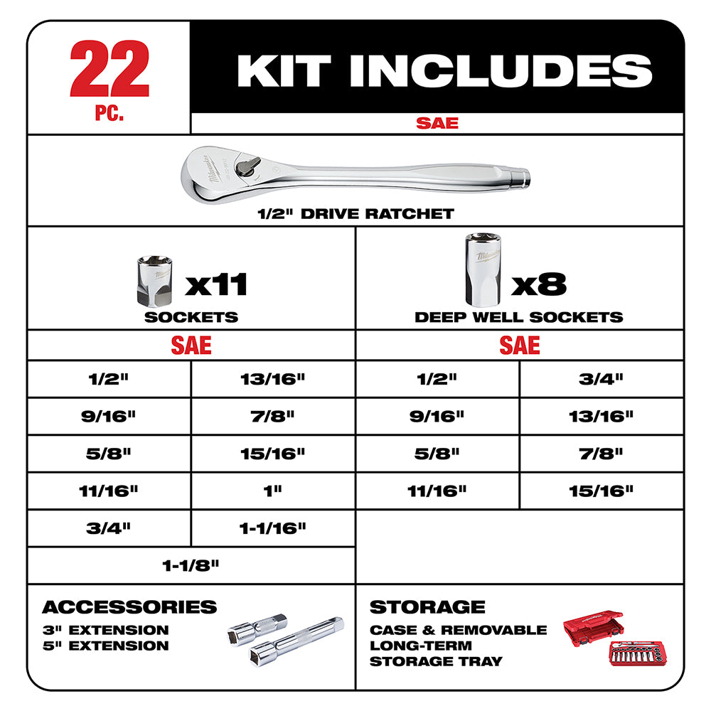 22-piece 1/2 inch SAE socket wrench set with ratchet, sockets, extensions, and red storage case with tray.