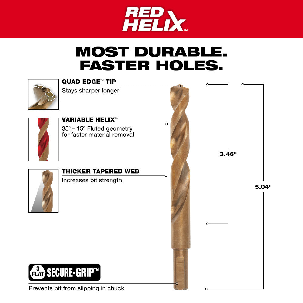 Red HELIX cobalt drill bit with spiral flutes, quad edge tip, and tapered web design shown against white background.