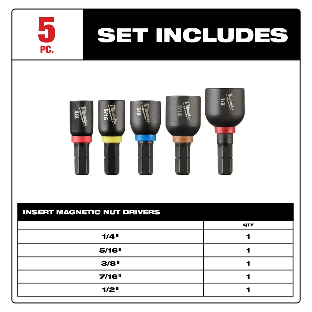 Five magnetic nut driver inserts in sizes 1/4", 5/16", 3/8", 7/16", and 1/2" with color-coded collars and hex shanks.
