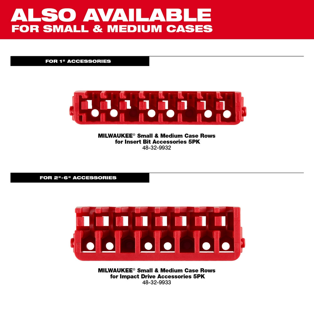 Red plastic organizer rows with compartments for storing 1-inch and 2-6 inch impact driver accessories.