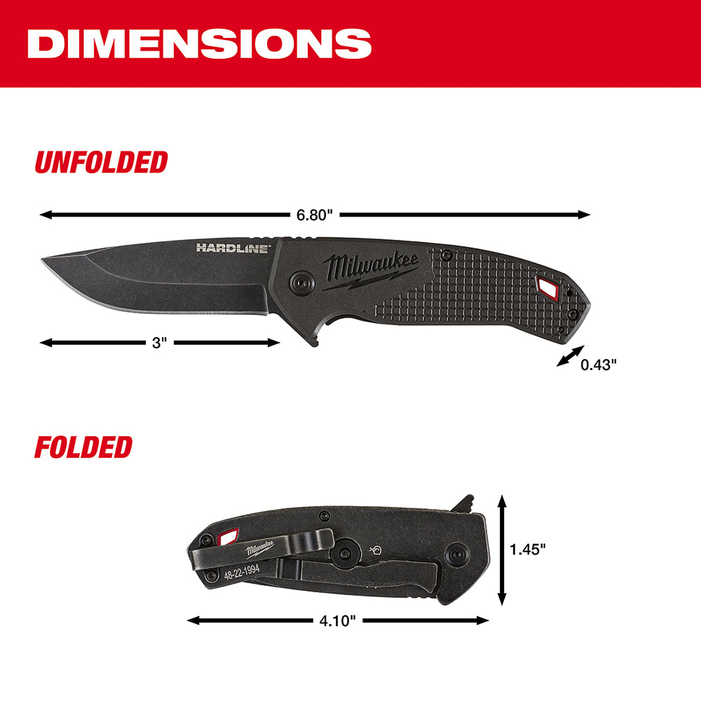 Milwaukee Hardline pocket knife with 3" black smooth blade, shown unfolded at 6.80" total length and folded at 4.10" length.