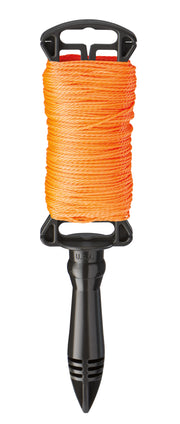Orange twisted nylon line wound on black plastic reel with handle and pointed stake attachment.