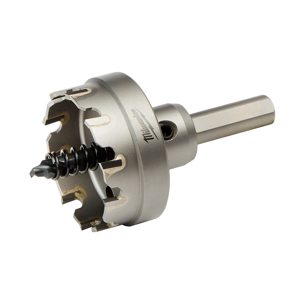 One-piece carbide hole cutter with silver metal body, black cutting head, and straight cylindrical shaft for drill attachment